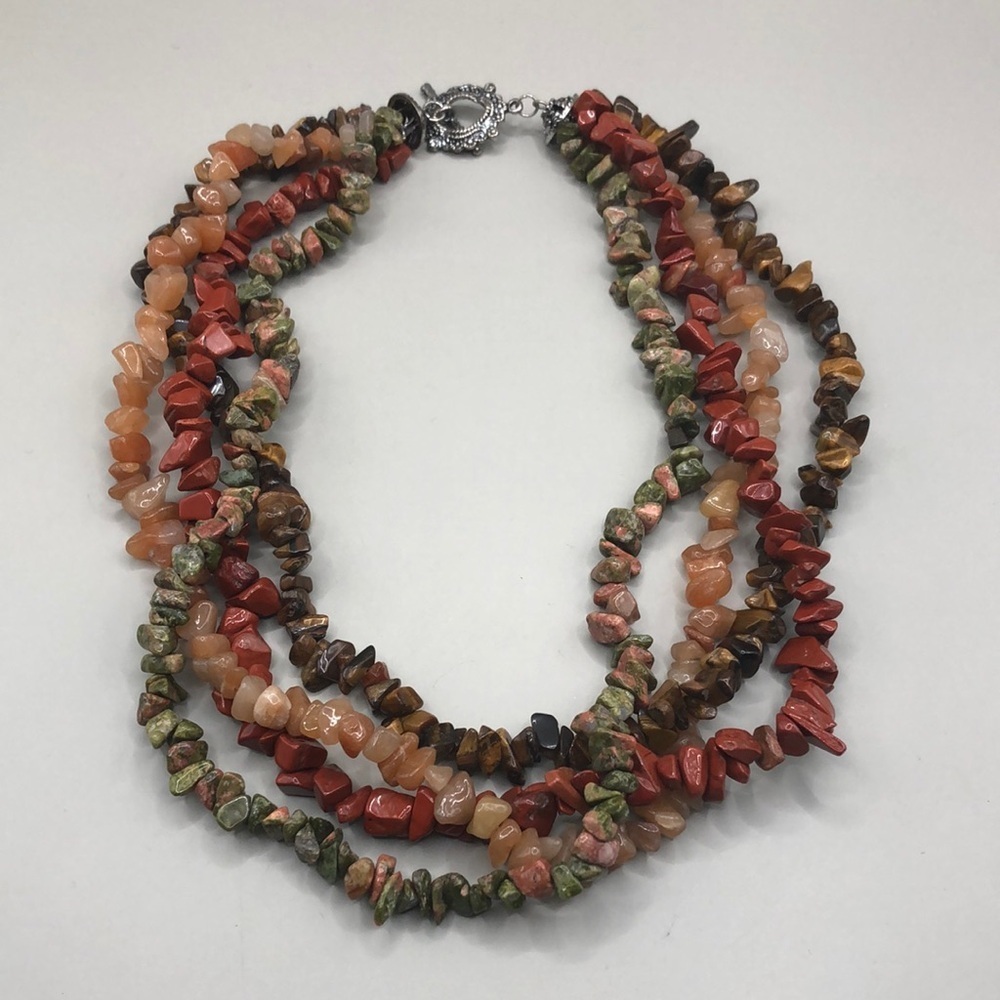 Multi layer stone gemstone bead artisan statement style boho necklace.
